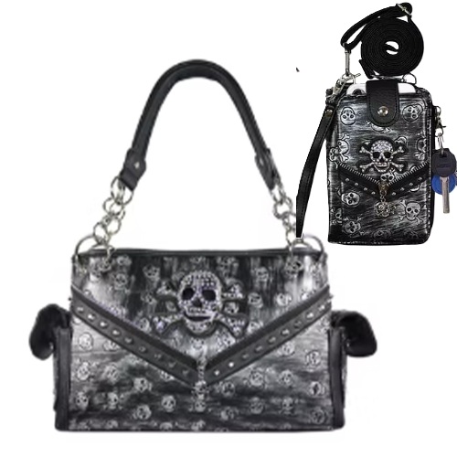 Pewter Western Concealed Carry Skull Concho Studded Purse & Phone Wallet Set